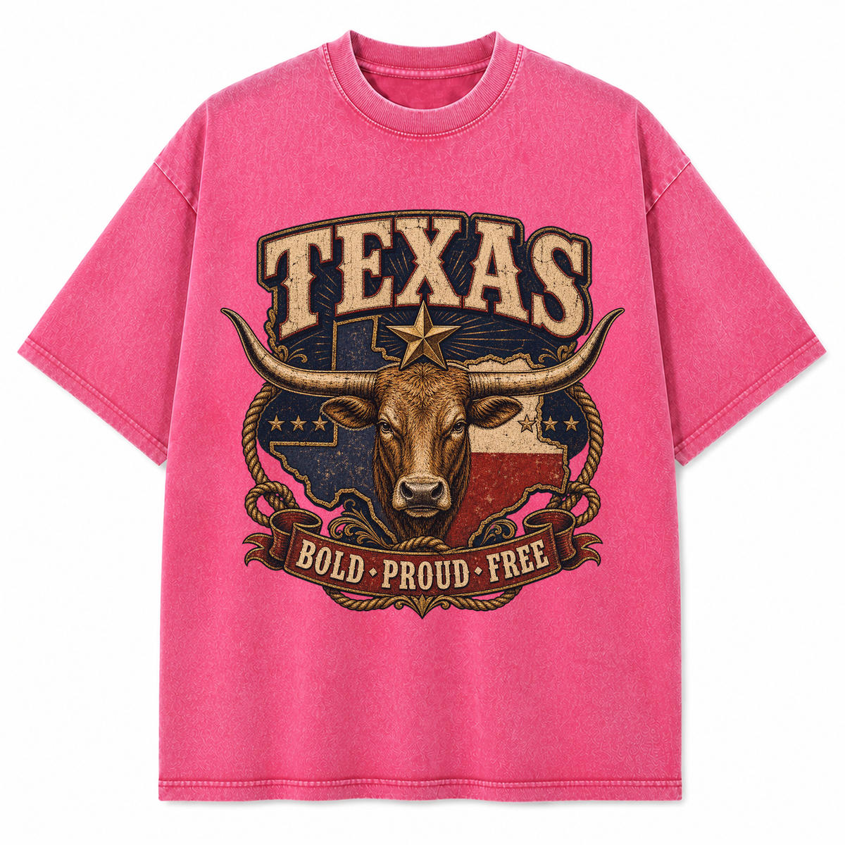 Vintage Washed Texas Bold, Proud and Free Heavyweight Graphic Tee in Vintage Washed Heavyweight T-Shirt, Pink
